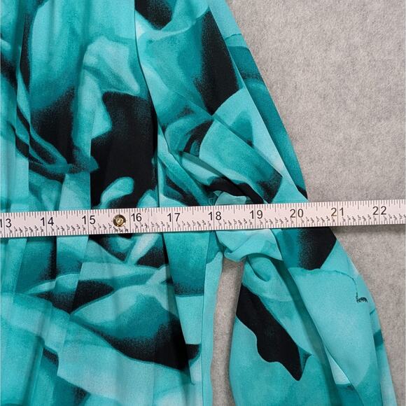 Alfani Floral Crossover Top Green Aqua Black Long Sleeve Roll Tab Size 8 - Picture 12 of 15
